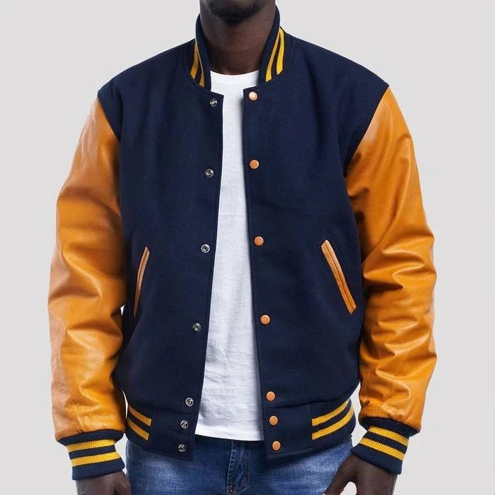 Navy Blue Wool Body & Bright Gold Leather Sleeves Varsity Jacket