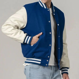 Royal Blue & White All-Wool Customizable Varsity Jacket