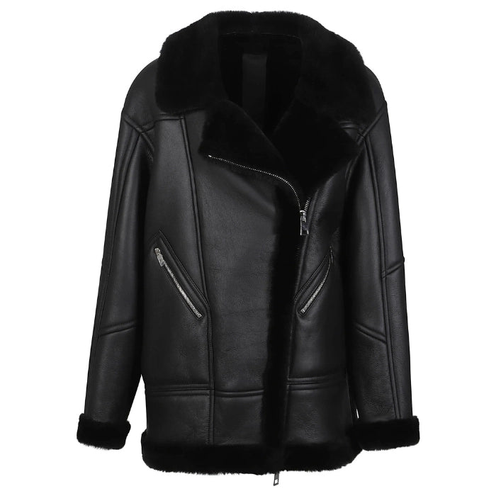 Darnoux Oversized Black Shearling Leather Biker Jacket