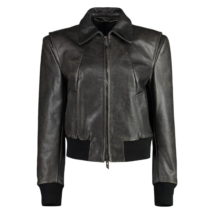 Refined Long-Sleeved Black Leather Bomber Jacket