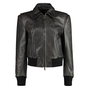 Refined Long-Sleeved Black Leather Bomber Jacket