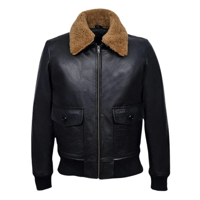 Ravclif Bomber Leather Jacket Natural Fur Collar Black