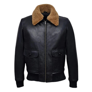 Ravclif Bomber Leather Jacket Natural Fur Collar Black