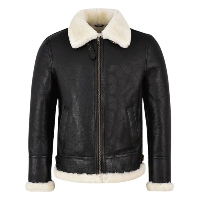 Molvik B3 Shearling Flying Leather Bomber Jacket Sheepskin Black White Fur