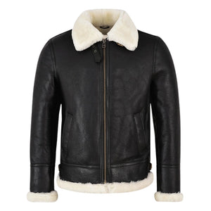 Molvik B3 Shearling Flying Leather Bomber Jacket Sheepskin Black White Fur