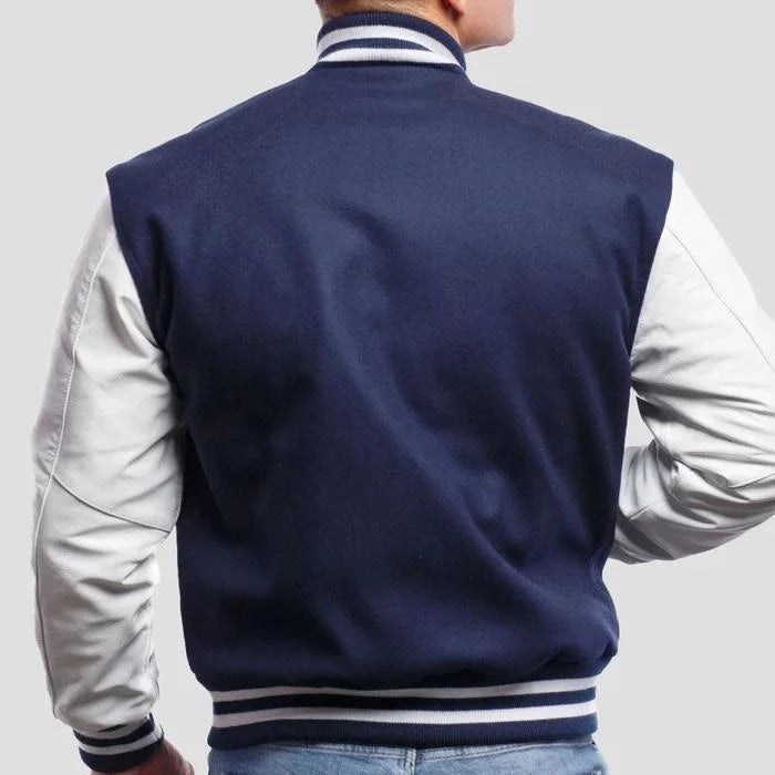 Royal Blue Wool Varsity Jacket with Bright White Leather Sleeves