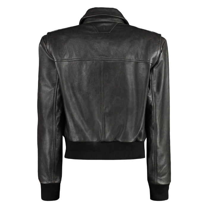 Refined Long-Sleeved Black Leather Bomber Jacket