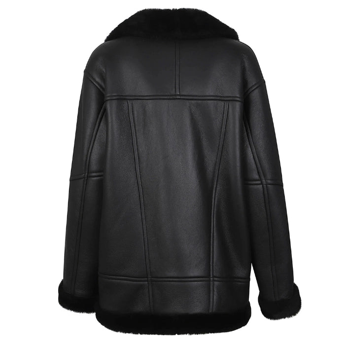 Darnoux Oversized Black Shearling Leather Biker Jacket