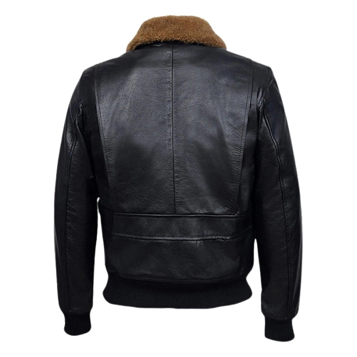 Ravclif Bomber Leather Jacket Natural Fur Collar Black