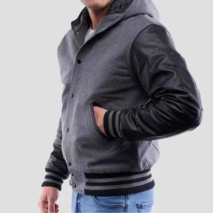 Light Oxford Wool Varsity Jacket & Black Leather Sleeves Hoodie