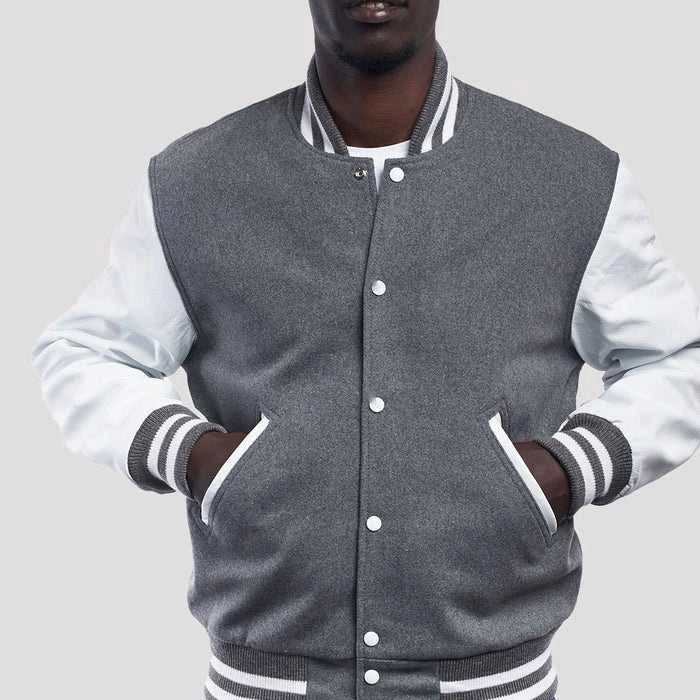 Light Oxford Wool Varsity Jacket & Bright White Leather Sleeves