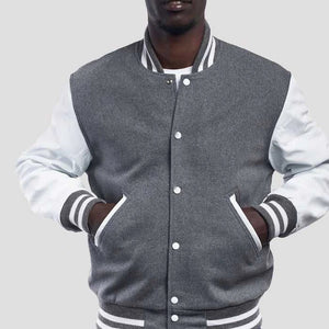 Light Oxford Wool Varsity Jacket & Bright White Leather Sleeves