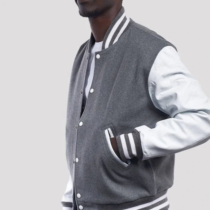 Light Oxford Wool Varsity Jacket & Bright White Leather Sleeves