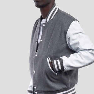 Light Oxford Wool Varsity Jacket & Bright White Leather Sleeves