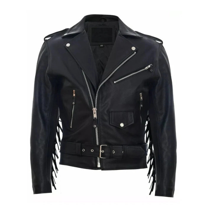 Women's Black Fringe Biker Leather Jacket