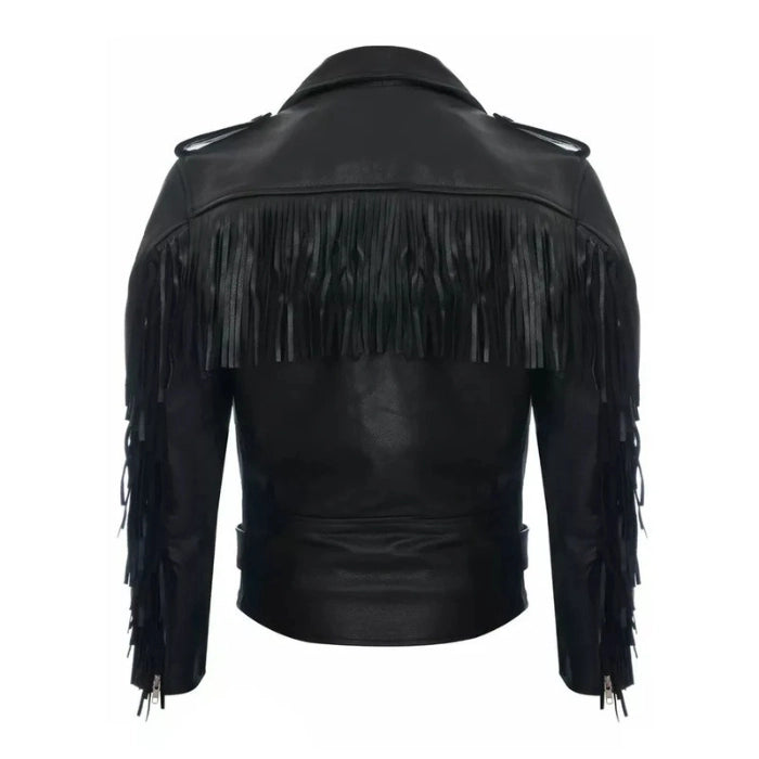 Women's Black Fringe Biker Leather Jacket