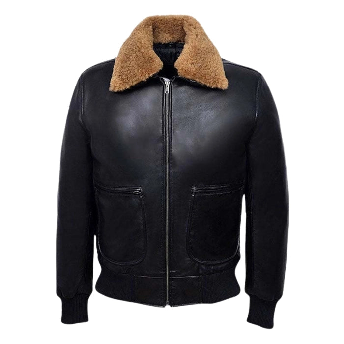 Norveil Shearling Tan Fur Collar Leather Bomber Jacket
