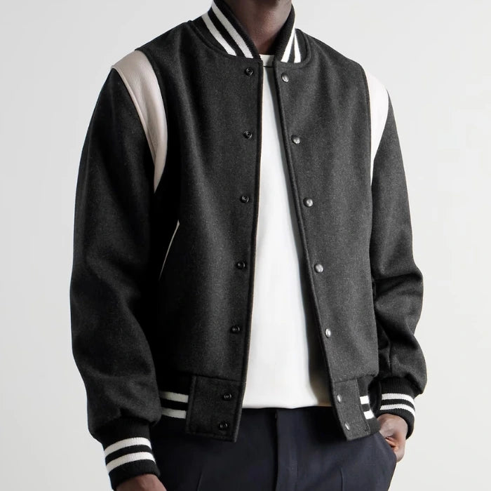 Hayes Matte Black Wool Varsity Jacket with Beige Leather Detail