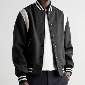 Hayes Matte Black Wool Varsity Jacket with Beige Leather Detail
