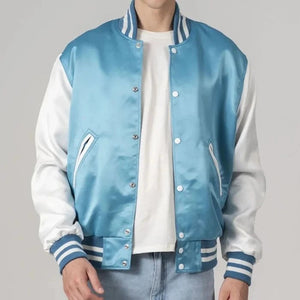 Sky Blue Satin And White Sleeves Varsity Jacket