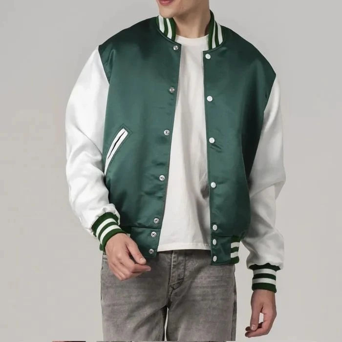 Green Satin And White Sleeves Varsity Jacket