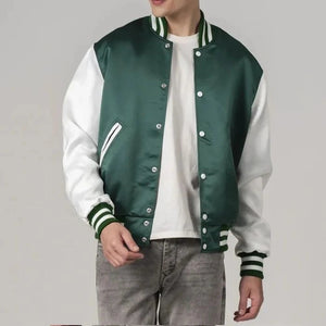 Green Satin And White Sleeves Varsity Jacket