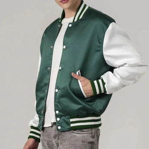 Green Satin And White Sleeves Varsity Jacket