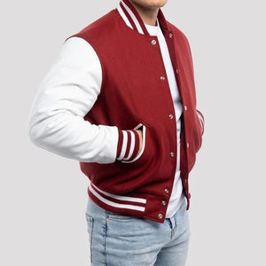 Red Wool Body & White Leather Sleeves Zipper Style Collar Jacket
