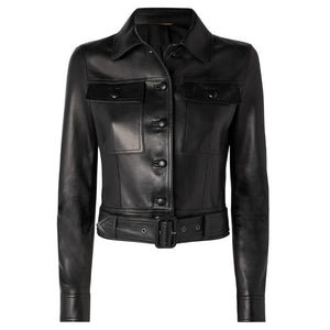 Women's Cropped Belted Leather Biker Jacket