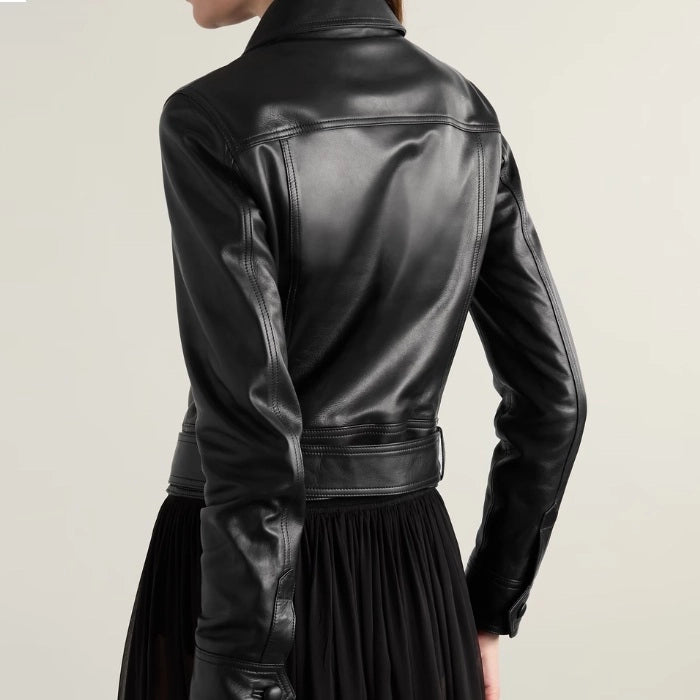 Women's Cropped Belted Leather Biker Jacket