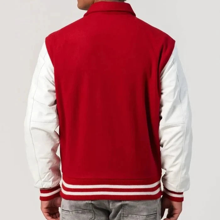 Scarlet Wool Varsity Jacket with White Leather Sleeves and Byron Collar