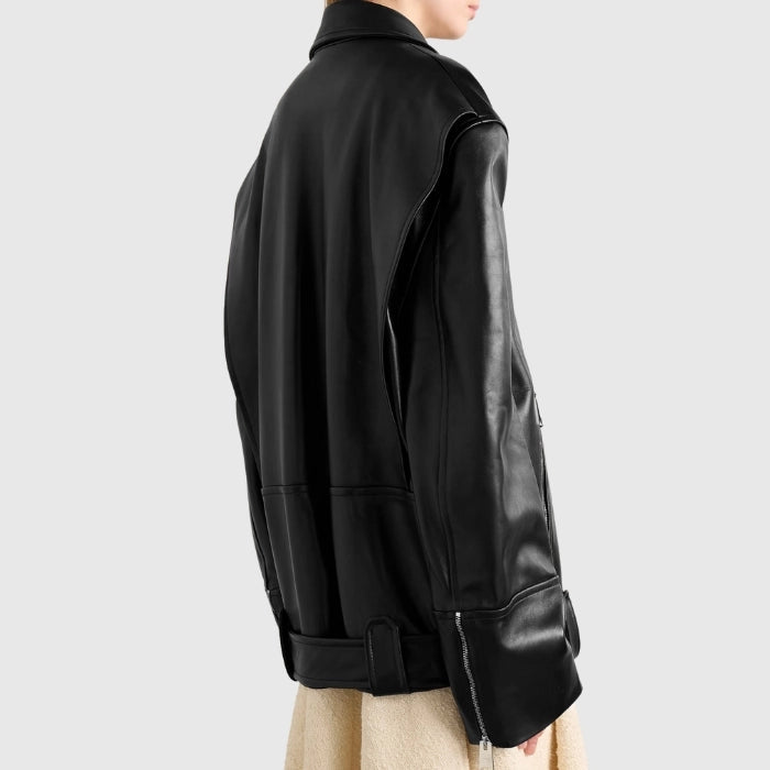 Women's Oversized Black Leather Biker Jacket