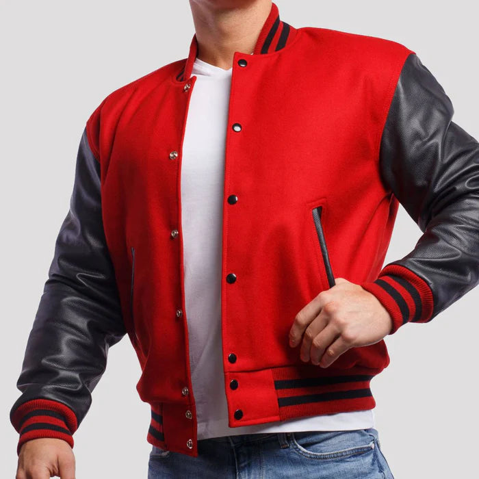 Red Wool Body & Black Leather Sleeves Varsity Jacket