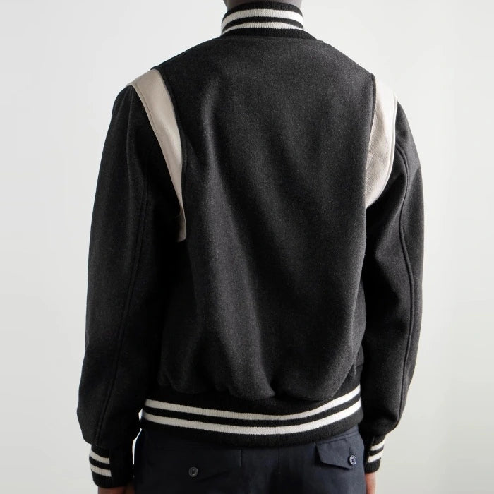 Hayes Matte Black Wool Varsity Jacket with Beige Leather Detail