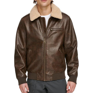 Men's Aviator Sherpa Collar Leather Bomber Jacket