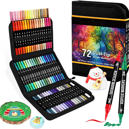 Pagather 72 Colors Acrylic Paint Markers, Dual Tip with Fine Tip and Brush Tip Pens for Stone, Wood, Calligraphy, Canvas, Ceramic, Metal, Glass, Rock Painting, DIY Crafts Art Supplies Kit