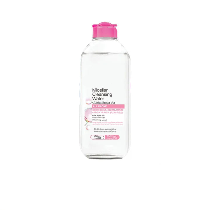SkinActive micellar cleansing water bottle with pink cap on a white background