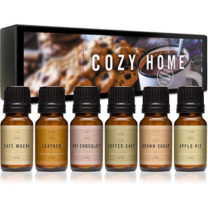P&J Trading Cozy Home Set of 6 Fragrance Oils - Brown Sugar, Apple Pie, Coffee Cake, Café Mocha, Leather, Hot Chocolate Scented Oils for Candle Scents, Soap Making, Diffuser Oil
