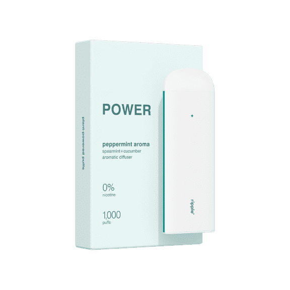 Ripple Power peppermint aroma aromatic diffuser packaging on a green background