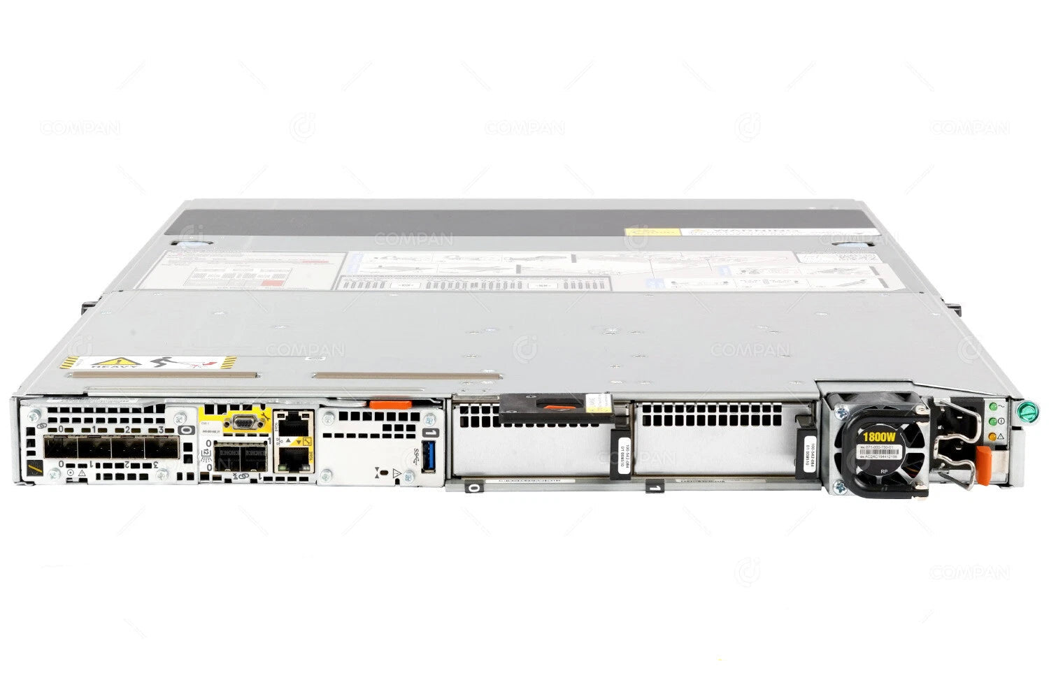 Back view of a network switch on a white background