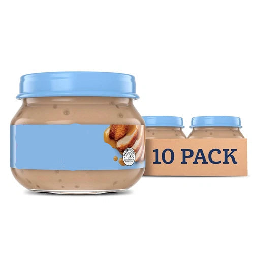 Gerber chicken and gravy baby food jar with a 10-pack box in the background
