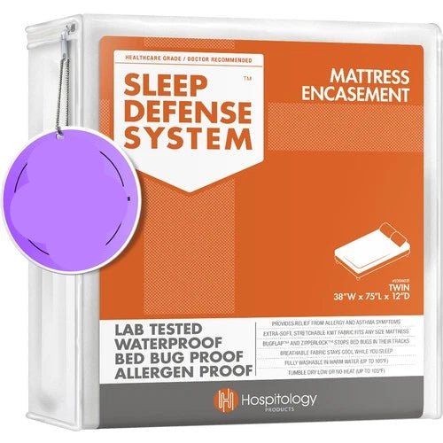 Sleep Defense System mattress encasement packaging with a New York Times Wirecutter badge on an orange background