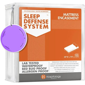 Sleep Defense System mattress encasement packaging with a New York Times Wirecutter badge on an orange background