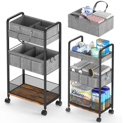 2In1 Baby Diaper Caddy & 3-Tier Rolling Diaper Cart, Diaper Caddy Organizer C...