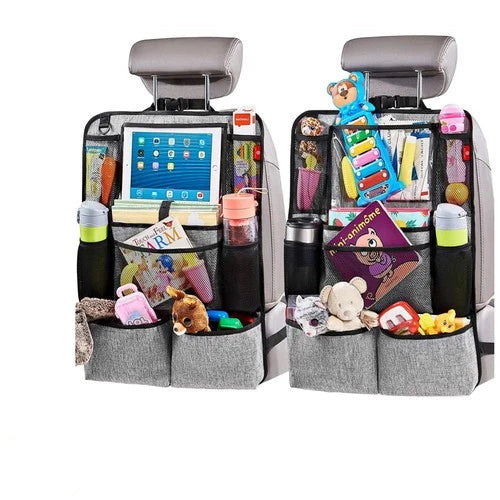 Two car seat back organizers with toys and items on a white background