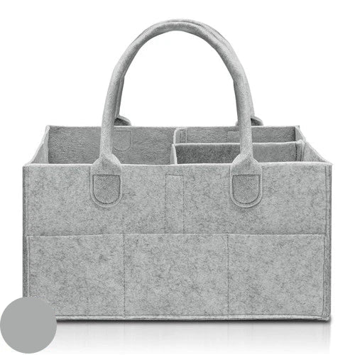 Gray felt storage caddy with handles on a white background