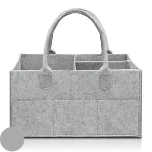 Gray felt storage caddy with handles on a white background