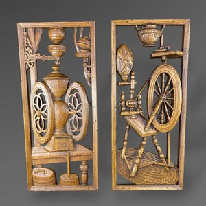 Burwood Products Set of 2 Coffee Mill and Spinning Wheel 1970s Wall Decor