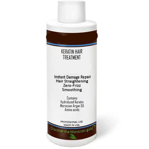Moroccan Keratin hair treatment bottle on a white background