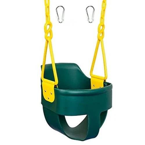 Green swing seat with yellow chains and straps on a white background